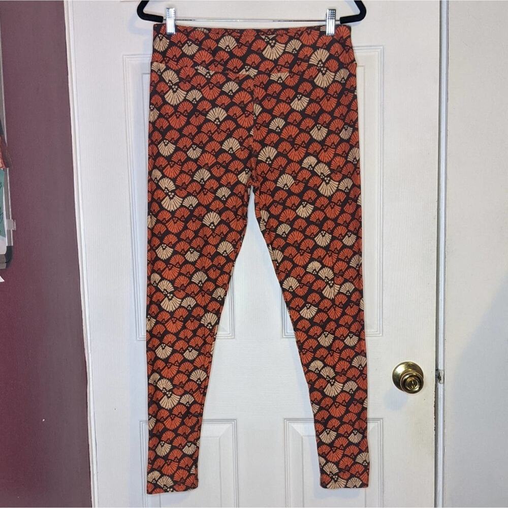 Lularoe Orange & Beige Autumn Fan Brush Print Brown Grey Leggings TC